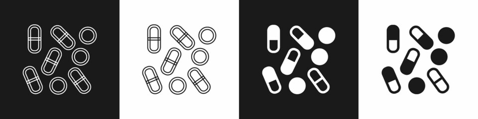 Set Medical pill bottle biohacking icon isolated on black and white background. Pharmacy biohacking. Vector