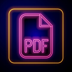 Glowing neon PDF file document. Download pdf button icon isolated on black background. PDF file symbol. Vector
