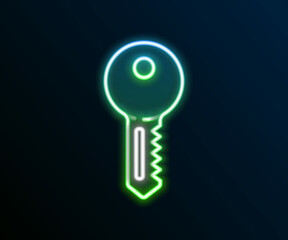 Glowing neon line House key icon isolated on black background. Colorful outline concept. Vector