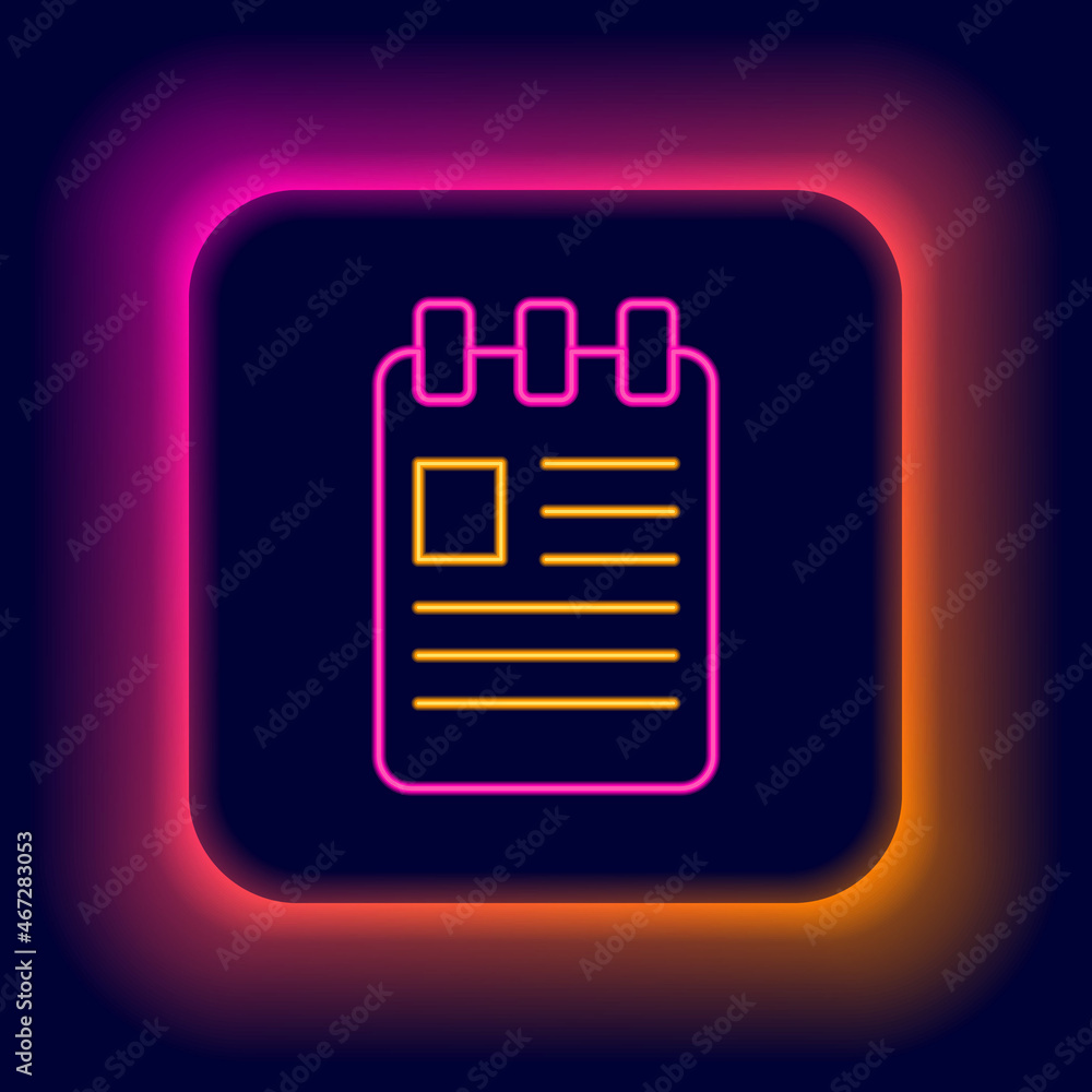 Poster glowing neon line notebook icon isolated on black background. spiral notepad icon. school notebook. 