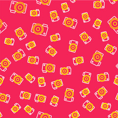 Line Photo camera icon isolated seamless pattern on red background. Foto camera icon. Vector