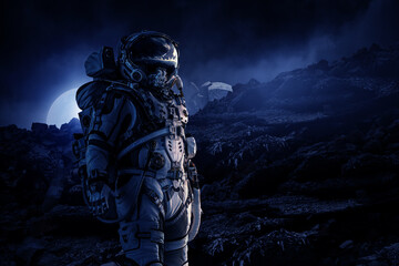 Obraz na płótnie Canvas Astronaut walking on an unexplored planet