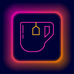 Glowing neon line Cup of tea with tea bag icon isolated on black background. Colorful outline concept. Vector