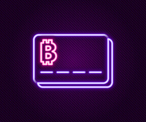 Glowing neon line Credit card with bitcoin icon isolated on black background. Online payment. Cash withdrawal. Modern method of payment. Colorful outline concept. Vector