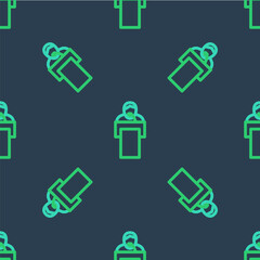 Line Gives lecture icon isolated seamless pattern on blue background. Stand near podium. Speak into microphone. The speaker lectures and gestures. Vector