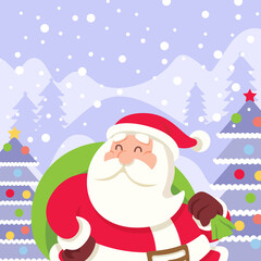 Merry Christmas. Flat design Santa Claus in Christmas snow scene illustration