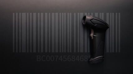 Barcode concept. Retail label barcode scan. Reader laser scanner for warehouse on black background. Warehouse inventory management.