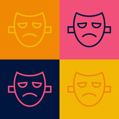 Pop art line Drama theatrical mask icon isolated on color background. Vector