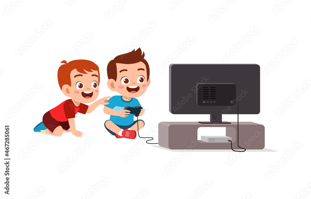 Wall mural cute little boy play video game on big screen