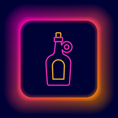 Glowing neon line Bottle of maple syrup icon isolated on black background. Colorful outline concept. Vector