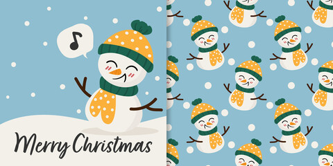 Christmas holiday season banner with Merry Christmas text and seamless pattern of cute snowman in winter outfits on light blue background with snowflakes. Vector illustration.