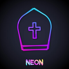 Glowing neon line Pope hat icon isolated on black background. Christian hat sign. Vector