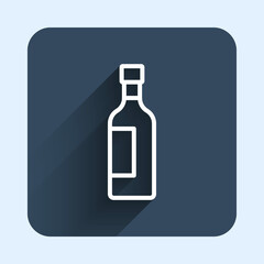 White line Bottle of wine icon isolated with long shadow background. Blue square button. Vector