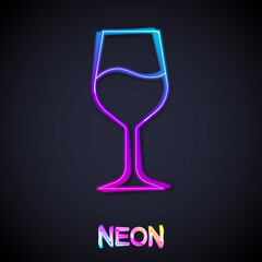 Glowing neon line Wine glass icon isolated on black background. Wineglass sign. Vector