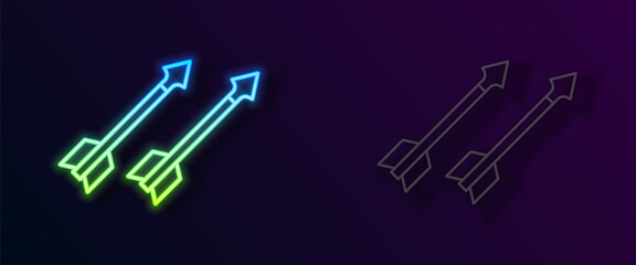 Glowing neon line Medieval arrows icon isolated on black background. Medieval weapon. Vector