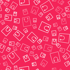 White line Paper shopping bag icon isolated seamless pattern on red background. Package sign. Vector