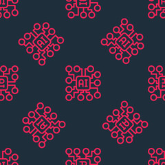 Red line Neural network icon isolated seamless pattern on black background. Artificial intelligence AI. Vector