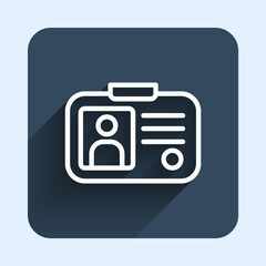 White line Taxi driver license icon isolated with long shadow background. Blue square button. Vector