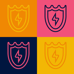 Obraz premium Pop art line Lightning and shield icon isolated on color background. High voltage shield. Safe energy. Vector