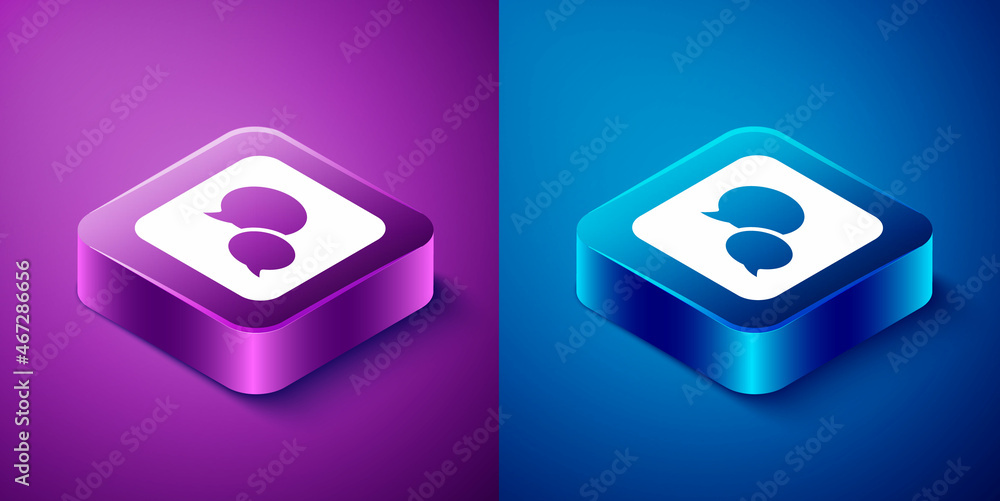 Poster isometric speech bubble chat icon isolated on blue and purple background. message icon. communicatio