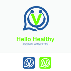 Initial v Letter with stethoscope and bubble speech for health care consultant service business logo design template. Hospital Clinic Call Center Icon Symbol design template.