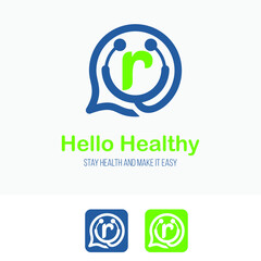 Obraz premium Initial r Letter with stethoscope and bubble speech for health care consultant service business logo design template. Hospital Clinic Call Center Icon Symbol design template.