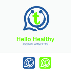 Initial t Letter with stethoscope and bubble speech for health care consultant service business logo design template. Hospital Clinic Call Center Icon Symbol design template.