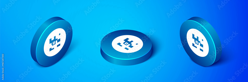 Poster isometric qr code sample for smartphone scanning icon isolated on blue background. blue circle butto