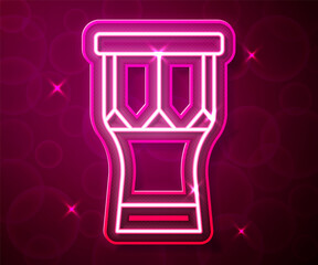 Glowing neon line African percussion drum icon isolated on red background. Musical instrument. Vector