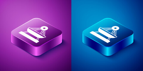 Isometric Boat swing icon isolated on blue and purple background. Childrens entertainment playground. Attraction riding ship, swinging boat. Amusement park. Square button. Vector