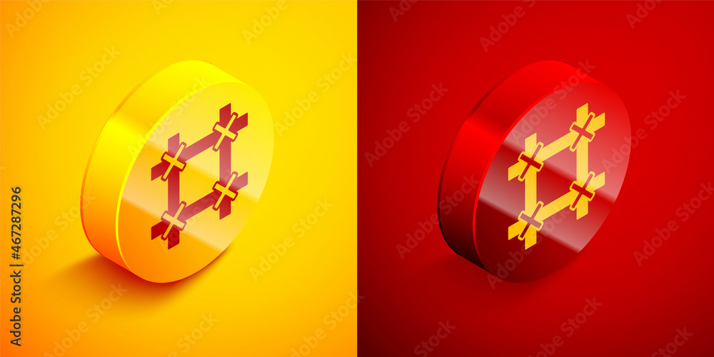 Poster isometric prison window icon isolated on orange and red background. circle button. vector