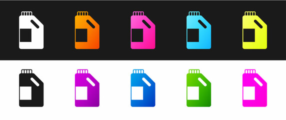 Set Plastic bottle for laundry detergent, bleach, dishwashing liquid or another cleaning agent icon isolated on black and white background. Vector
