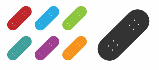 Black Skateboard icon isolated on white background. Extreme sport. Sport equipment. Set icons colorful. Vector
