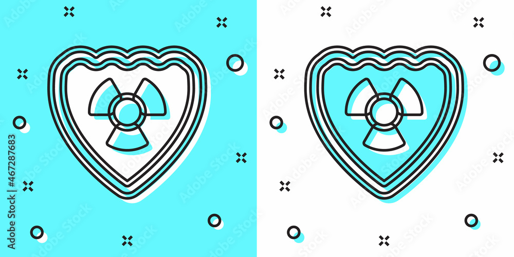 Poster black line radioactive in shield icon isolated on green and white background. radioactive toxic symb