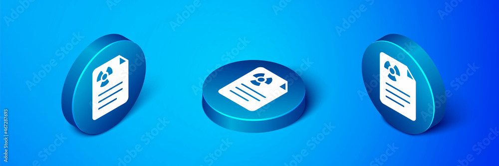 Poster isometric radiation warning document icon isolated on blue background. text file. blue circle button