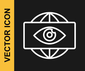 White line Big brother electronic eye icon isolated on black background. Global surveillance technology, computer systems and networks security. Vector