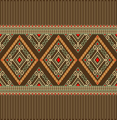 Beige Green Ethnic or Native Seamless Pattern on Brown Background in Symmetry Rhombus Geometric Bohemian Style for Clothing or Apparel,Embroidery,Fabric,Package Design