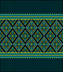 Turquoise Yellow Ethnic or Tribal Seamless Pattern on Black Background in Symmetry Rhombus Geometric Bohemian Style for Clothing or Apparel,Embroidery,Fabric,Package Design