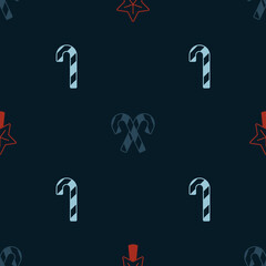 Set Christmas star, Candy cane with stripes and on seamless pattern. Vector