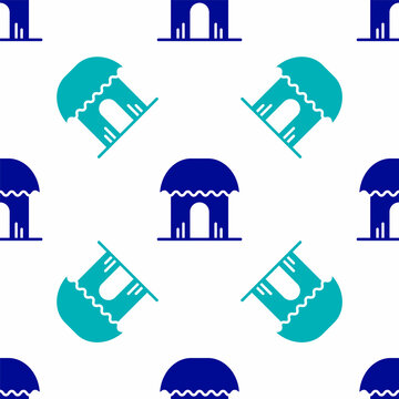 Blue African Hut Icon Isolated Seamless Pattern On White Background. African House Symbol. Vector