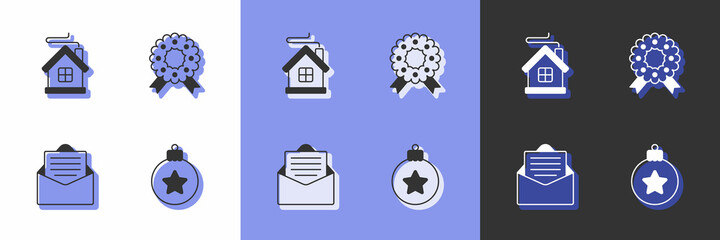 Set Christmas ball, Merry house, Envelope and wreath icon. Vector