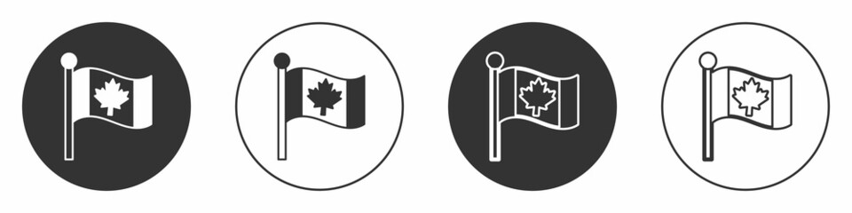 Black Flag of Canada icon isolated on white background. North America country flag on flagpole. Circle button. Vector