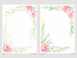 pink rose and peony flower bouquet wreath with gold frame wedding invitation or birthday greeting card template collection