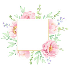 watercolor pink peony flower bouquet arrangement wreath with golden circle frame frame for logo or banner