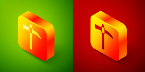 Isometric Pickaxe icon isolated on green and red background. Square button. Vector