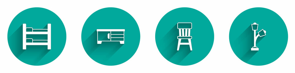 Set Bunk bed, TV table stand, Chair and Floor lamp icon with long shadow. Vector