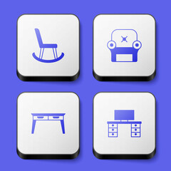 Set Armchair, Office desk and icon. White square button. Vector