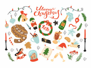 Collection clip art elements for Christmas and New year decoration. Cute things from holiday celebration, cozy home elements. Flat style in vector illustration. Paper and textile design. Isolated.
