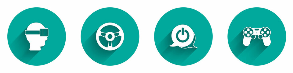 Set Virtual reality glasses, Racing simulator, Power button and Game controller joystick icon with long shadow. Vector © Iryna