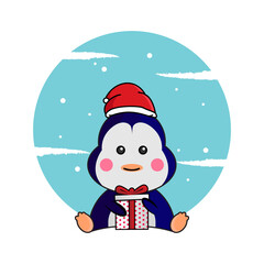 Illustration penguin wearing christmas hat and hugging gifts